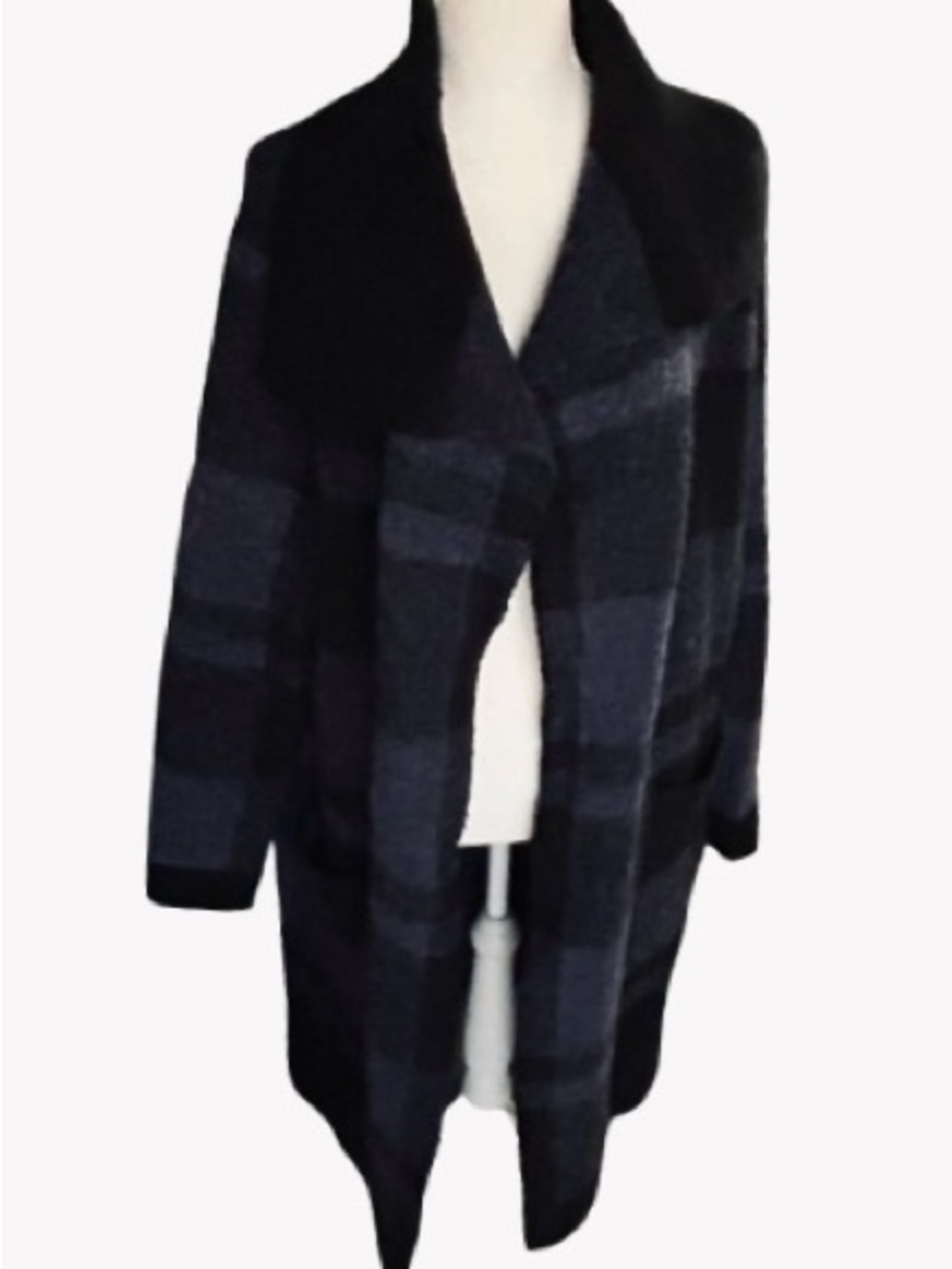 Blue Buffalo Plaid SOFT SURROUNDINGS Open Cardigan Large Duster Long Sweater